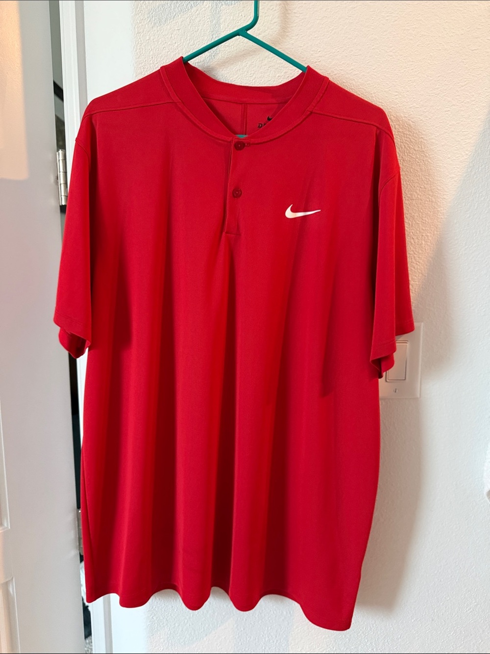Nike Red Short-Sleeve Henley Polo with White Swoosh